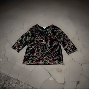 Once Again Women 1XL Black Blouse Soutache Embroider Metallic Art To Wear Top